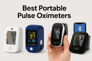 Portable fingertip pulse oximeter displaying SpO₂ and pulse readings
