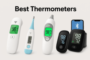Digital no touch and ear thermometers displaying fast, accurate temperature readings